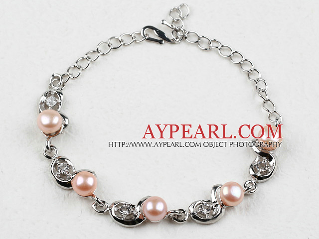 Fashion Style Pink Freshwater Pearl with Rhinestone Metal Bracelet with Adjustable Chain