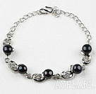 Mote Stil svart Freshwater Pearl med Rhinestone metall armbånd med Justerbar Chain