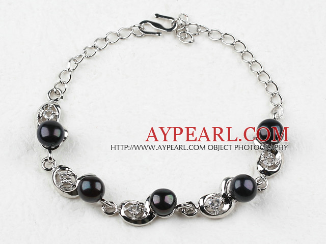 Fashion Style Black Freshwater Pearl med STRASS Metal Armband med justerbar kedja