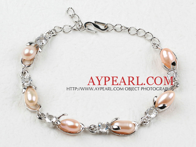 Mote Stil Pink Rice Freshwater Pearl med Rhinestone metall armbånd med Justerbar Chain
