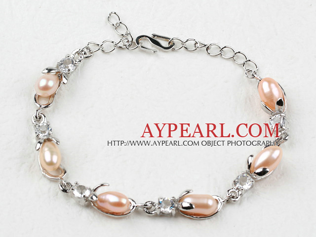 Мода Стиль Розовый Райс пресной воды Pearl с Rhinestone металлический браслет с регулируемой цепи