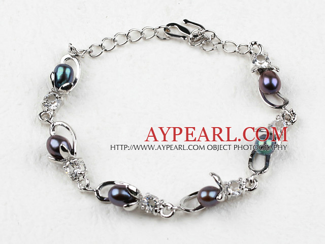 Fashion Style Black Rice Freshwater Pearl with Rhinestone Metal Bracelet with Adjustable Chain