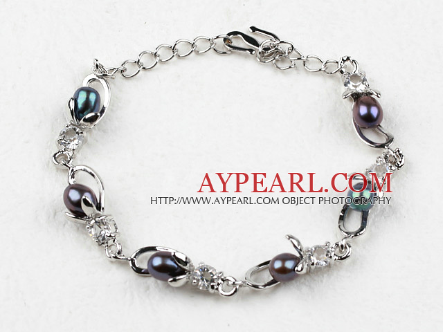 Mote Stil svart Rice Freshwater Pearl med Rhinestone metall armbånd med Justerbar Chain