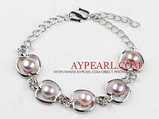 Fashion Style Purple Freshwater Pearl with Apple Shape Metal Bracelet with Adjustable Chain