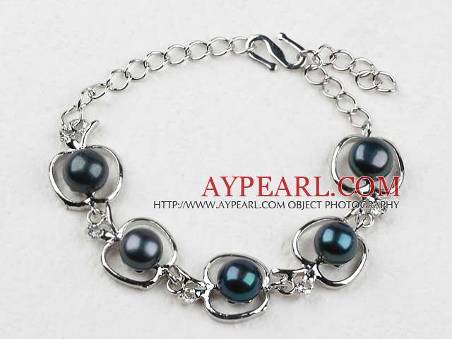 Mote Stil svart Freshwater Pearl med Apple form metall armbånd med Justerbar Chain