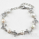 Fashion White Freshwater Pearl Bracelet with Rhinestone and Adjustable Chain