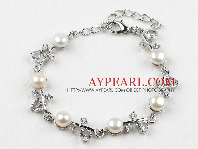 Fashion White Freshwater Pearl Bracelet with Rhinestone and Adjustable Chain