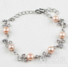 Fashion Pink Freshwater Pearl Bracelet with Rhinestone and Adjustable Chain