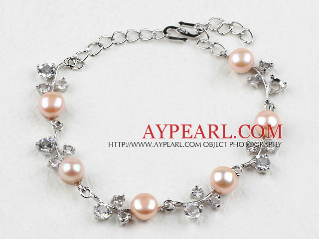 Fashion Pink Freshwater Pearl Bracelet with Rhinestone and Adjustable Chain