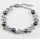 Fashion Black Freshwater Pearl Bracelet with Rhinestone and Adjustable Chain