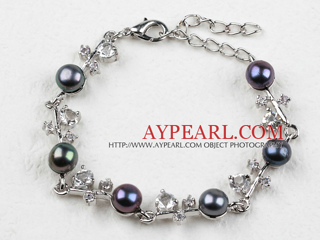 Fashion Black Freshwater Pearl Bracelet with Rhinestone and Adjustable Chain