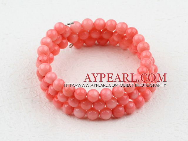 6mm Pink Coral Beaded Wrap Bangle Bracelet