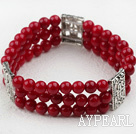 Three Strands 6mm Red Coral Beaded Elastic Bangle Bracelet