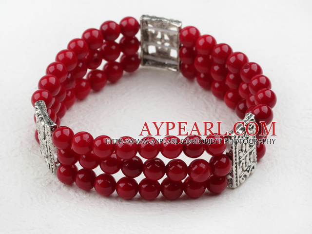 Three Strands 6mm Red Coral Beaded Elastic Bangle Bracelet