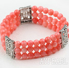 Three Strands 6mm Pink Coral Beaded Elastic Bangle Bracelet