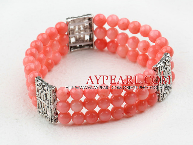 Drei Stränge 6mm Pink Coral Perlen elastischen Armreif