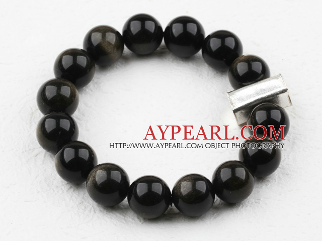 Classic Design 12mm Round Obsidian Perlen elastischen Armband mit Thai Silberbarren