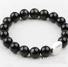 Classic Design 10mm Round Obsidian Beaded Elastic Bracelet with Thailand Sterling Silver Bullion