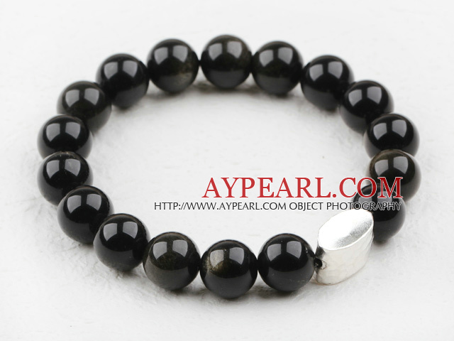 Design clasic de 10mm Obsidian rotund cu margele Bratara elastica cu lingouri de argint thailandez