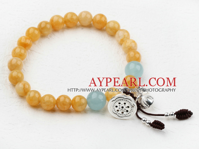 8-10mm Round Topaz Beaded Elastic Bangle Bracelet with Sterling Silver Lotus Accessories