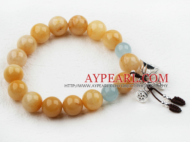 10-12mm Round Topaz Beaded Elastisk Bangle armbånd med Sterling Silver Lotus Tilbehør