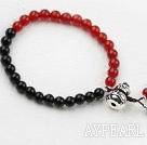 Classic Design Black and Red Agate Beaded Elastic Bangle Bracelet with Sterling Silver Accessories