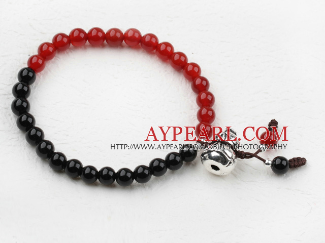 Classic Design noir et rouge perlé Agate Bracelet élastique avec accessoires en argent sterling