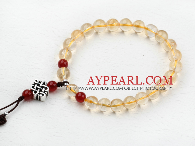 Natural Citrine Beaded Elastic Bracelet with Sterling Silver Accessories