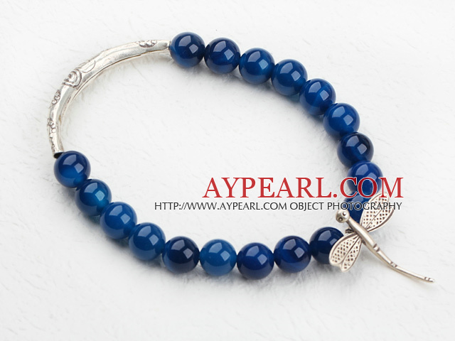 8mm Round Blue Agate Beaded Elastic Bangle Bracelet with Sterling Silver Butterfly Accesories