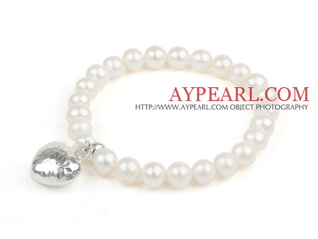 A Grade Round Pearl Beaded Bracelet with Heart Shape Thai Silver Accessory Elastic Bangle Bracelet