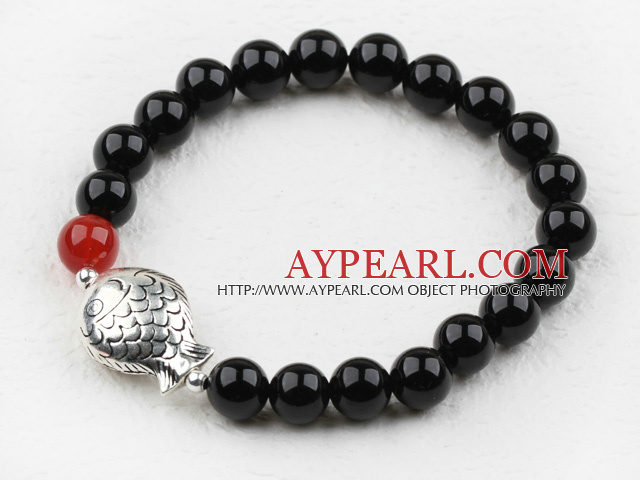 Classic Design 8mm Round Black Agate Beaded Elastic Bangle Bracelet with S990 Sterling Silver Fish Accesories