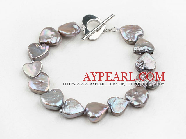 Gray Color Heart Shape Rebirth Pearl Bracelet with Metal Toggle Clasp