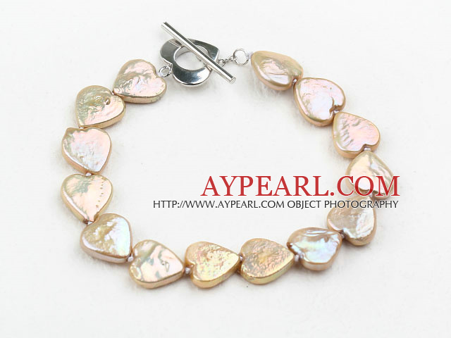 Golden Champagne Color Heart Shape Rebirth Pearl Bracelet with Metal Toggle Clasp