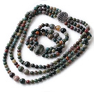 Newly Vintage Style Three Strands Round Indian Agate Beaded Jewelry Set (Necklace with Matched Bracelet)
