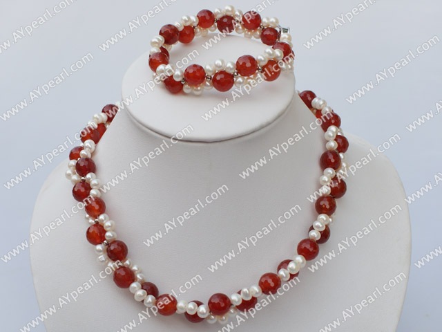 double strand white pearl and red agate necklace bracelet set