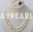 double strand white pearl necklace and bracelet set with abalone clasp