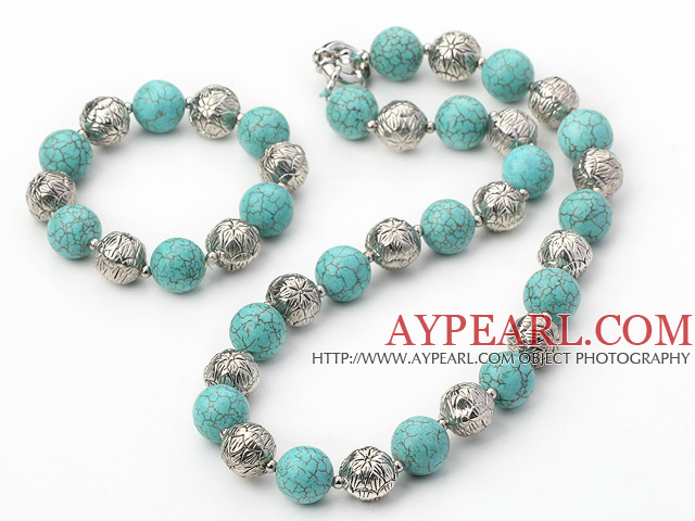 turquoise and tibet silver beaded necklace bracelet set