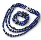 Newly Cool Style Three Strands Round Lapis Beaded Jewelry Set (Necklace with Matched Bracelet)