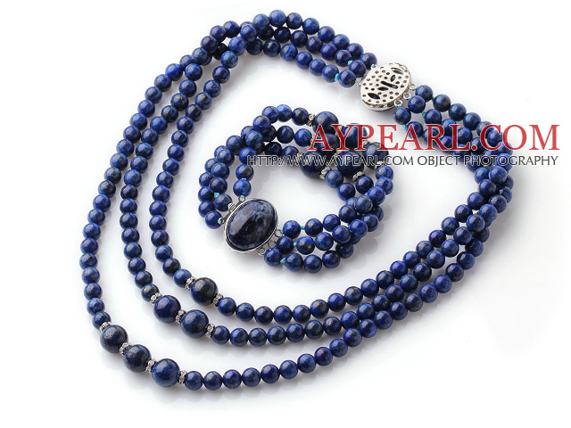 Newly Cool Style Three Strands Round Lapis Beaded Jewelry Set (Necklace with Matched Bracelet)