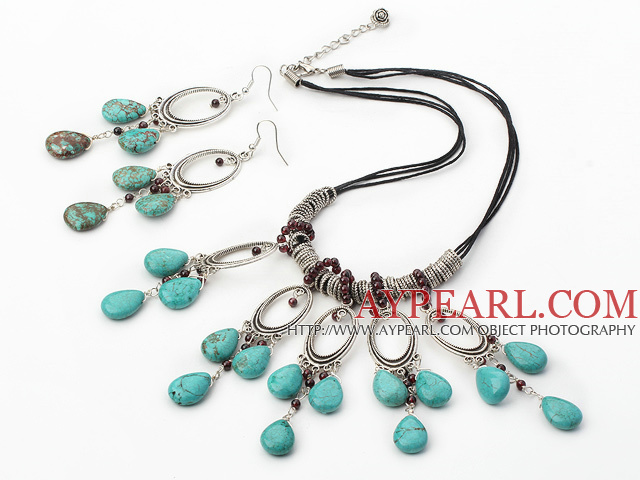 Fashion Round Garnet And Blue Teardrop Turquoise Necklace Earrings Set