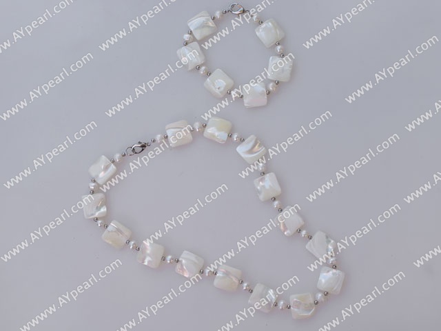 white pearl and white lip shell necklace with matched bracelet