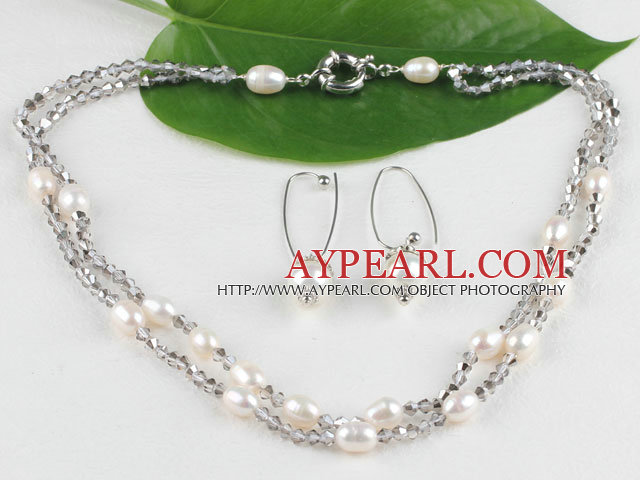 Weiß Süßwasser Perle und rauchig Quartze Halskette Ohrringe Set