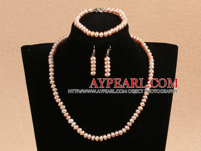 Grasiøs Hot Sale 6-7mm Natural All Lys Pink Pearl smykker sett med hjerte Clasp (halskjede og armbånd og øredobber)