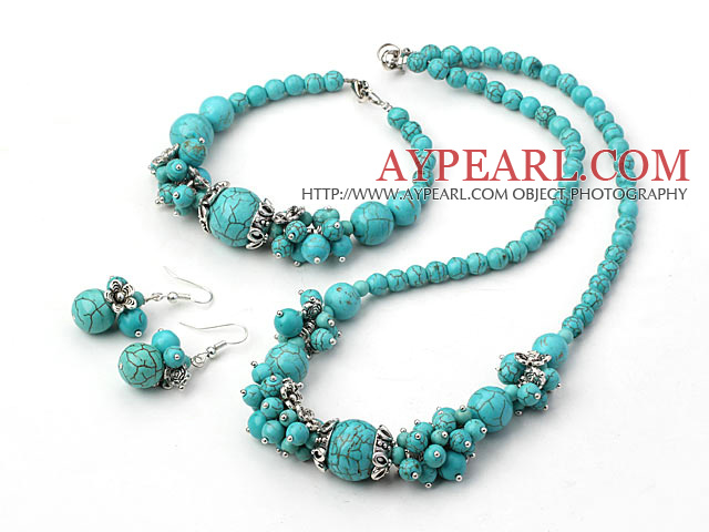 Elegant Round Turquoise Cluster Beaded And Flower Charm Jewelry Sets (Necklace Bracelet With Matched Earrings)