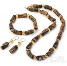 Fashion Twisted Crylinder Tiger Eye And Champagne Crystal Sets (Necklace Elastic Bracelet With Matched Earrings)