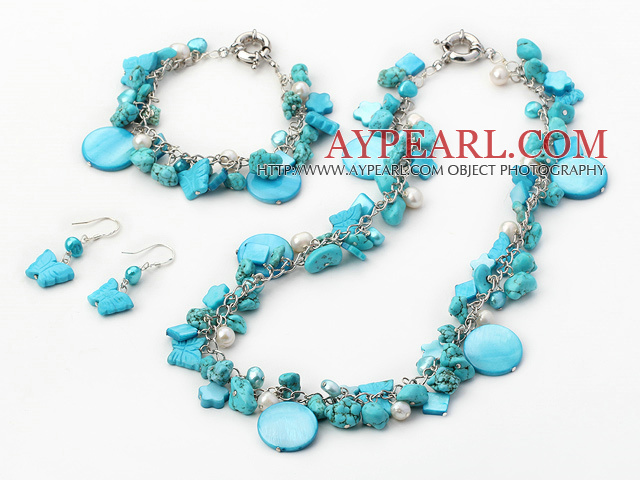 Fashion Multi Color Pearl Turquoise And Mixed Shape Shell Sets (Necklace Bracelet With Matched Earrings)