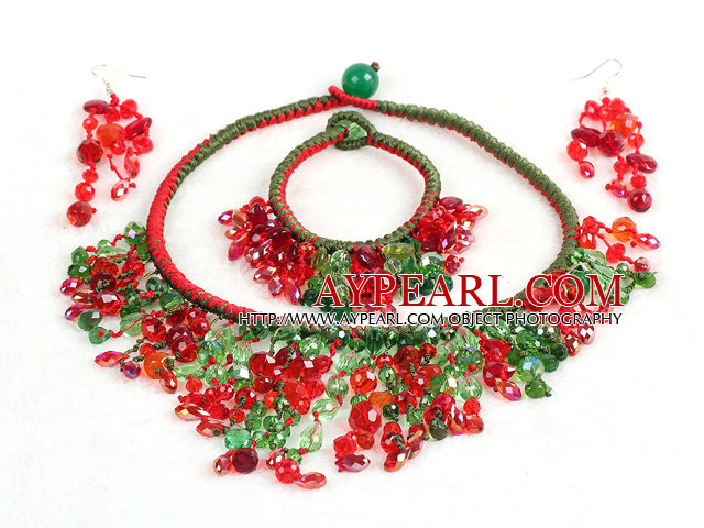 2015 Schöne Glänzende Red & Green Kristall Erklärung Weihnachten Schmuck-Set (Halskette, Armband und Ohrringe)