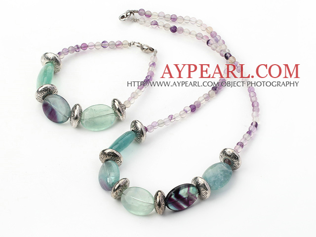 Simple Style Rainbow Fluorite Beaded Necklace Bracelet Set