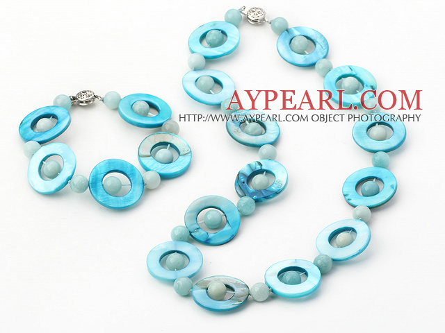 Popular Blue Donut Shell And Round Amazon Stone Beaded Set (Necklace With Matched Bracelet)