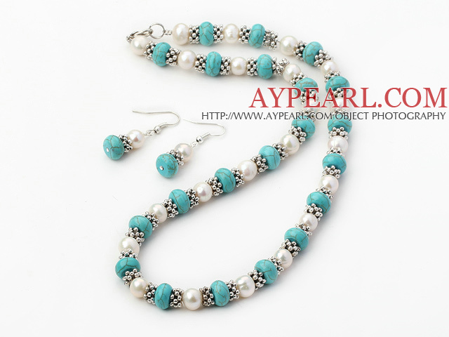 Favorite White Freshwater Pearl And Blue Turquoise Set (Necklace With Matched Earrings)